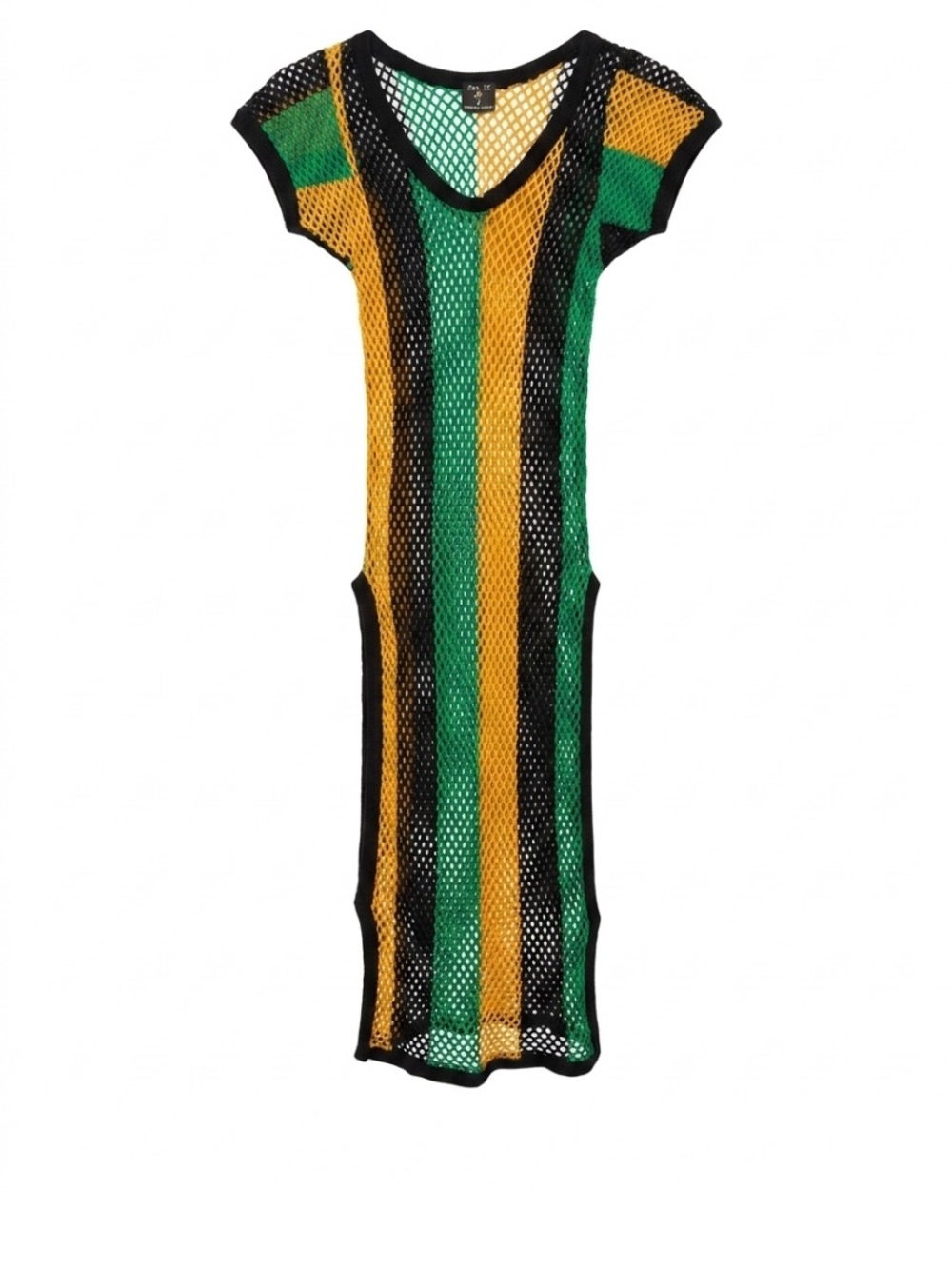 Mesh Striped Maxi Dress in Green and Yellow with Black Trim